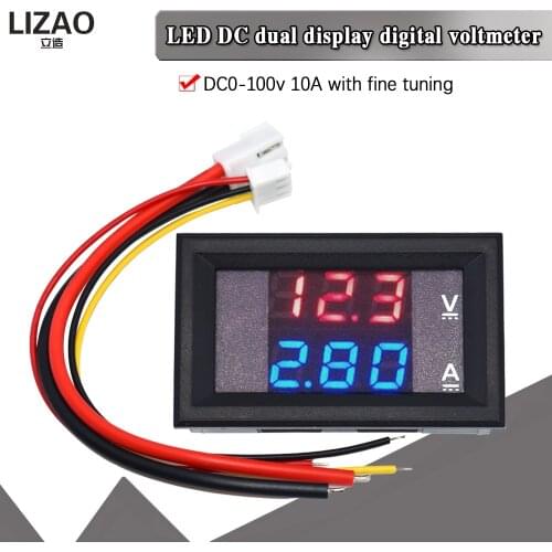 DC 0-100V 10A Digital Voltmeter Ammeter Dual Display Voltage Detector Current Meter Panel Amp Volt Gauge 0.28" Red Blue LED