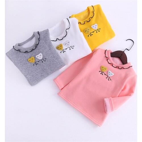 3-7 Yrs Baby Girls Long Sleeve T-shirt with Wavy Neck Kids Girl Embroidered Fleece Warm T Shirts Autumn Spring Children Clothing