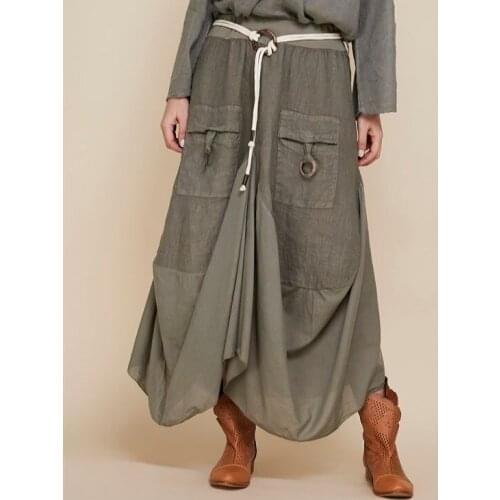 Khaki Green Color Linen Fabric Long Baggy Shalwar Skirt 2021 Authentic Women Fashion Models Bohemian Style Clothing Xs To 4xl