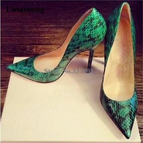 Brand Design Women Fashion Pointed Toe Green Snake Leather Stiletto Heel Pumps Slip-on Thin High Heels Dress Shoes