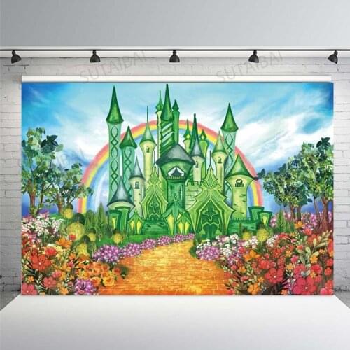 7x5ft Spring Green Fairy Tale Castle Backdrop for Rainbow Blooming Flower Yellow Brick Road Decoration Photo Shooting Background