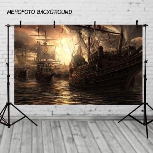 Photography Backdrop Sunset Sea Cloud Pirate Ship Skull Sail newborn prop photo booth Pirate Ship backdrop fabric Backdrop S2738