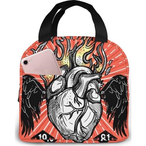 Insulated Lunch Bag Thermal Burning Heart Tattoo Tote Bags Cooler Picnic Food Lunch Box Bag