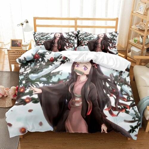 Demon Slayer Bedding Set with Zipper Pillowcases Polyester Microfiber 2/3 Piece Anime Comforter Set Bedspreads for Home Decor