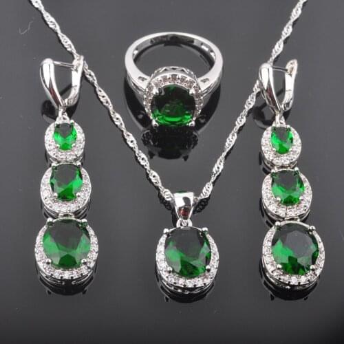 Classic Green Zirconia Womens Fashion Jewelry Sets Silver Color Pendant Necklace And Earrings Rings Set QZ0120