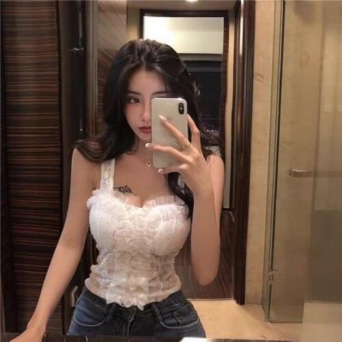 Summer strapless sleeveless suspender top feminine lace stitching fungus wearing vest nightclub club clothes ins wind black