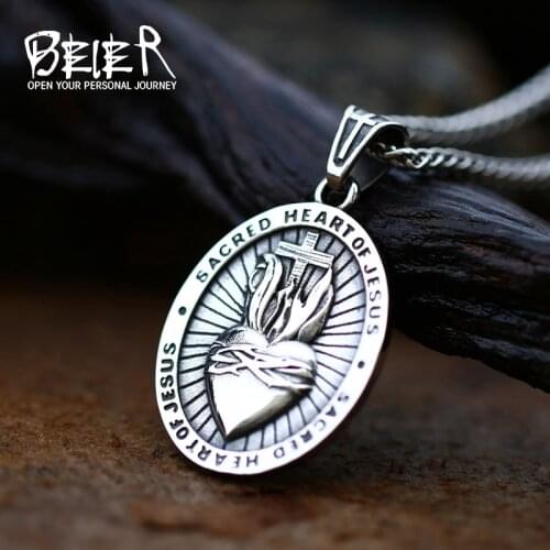 Saint Christopher Medal Sacred Heart Of Jesus Cross Amulet Catholic Protection religious Men Pendant Necklace Jewelry BP8-617