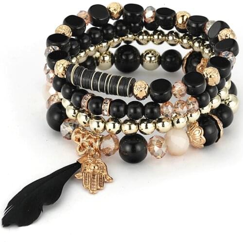 Fashion Beaded Bracelets & Bangles For Women Bohemian Feather Palm Charm Bracelets Female New Crystal Boho Jewelry 2020 4pcs/Set