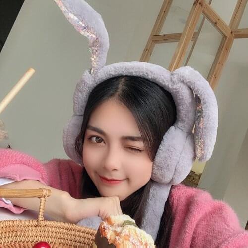 Cartoon Plush Earmuffs Female Winter Warm Solid Color Rabbit Ears Shape Lovely Korean Style Sweet Thicken Fashion Accessories