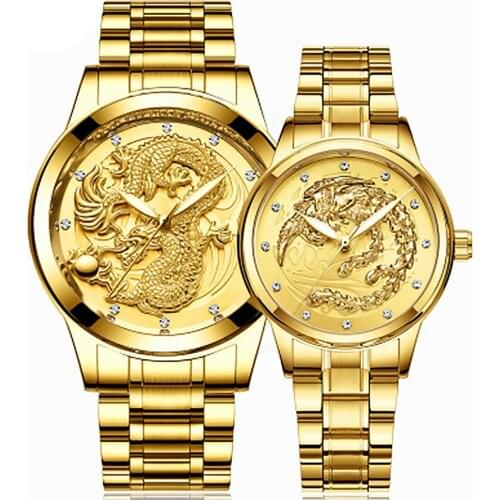 FNGEEN S666 Dragon And Phoenix Male And Women Wristwatches Waterproof Gold Color Quartz Ultra-Thin Steel Belt Couple Watch
