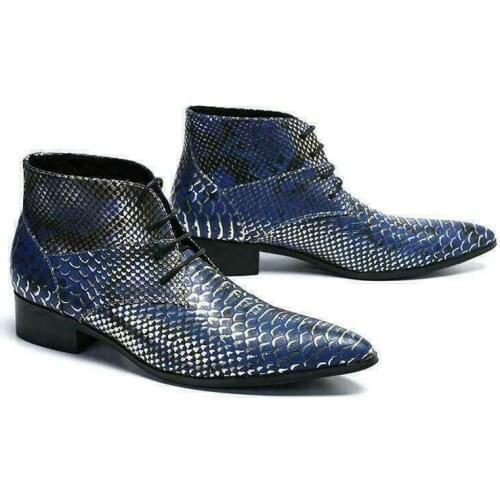 Plus Sz Mens Leather snakeskin Pointy Toe Ankle Boot Low Heel Shoes Business