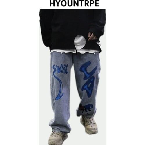 Graffiti Printed Mens Loose Straight Denim Blue Jeans Casual Hip Hop Trousers New Fashion Men Zipper Skateboard Pants Streetwear
