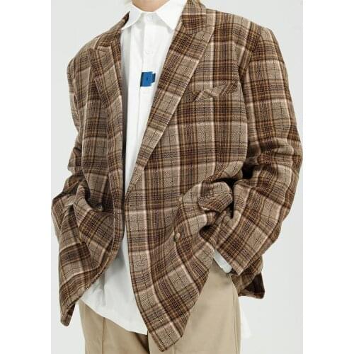 Firmranch New Fall Spring Ins Tartan blazer woollen Casual Suit Men Loose All Match Coat Design Sense Overcoat BF Style For Girl