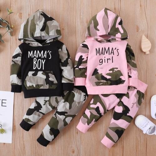 Baby Girl Boy Twins Clothes Toddler Girl Outfits Mamas Boy Girl Camouflage Print Hooded Top + Pants Infant Kids Clothing Bulk