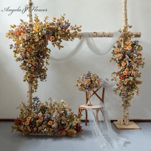 Autumn Coffee Color Series Wedding Floral Arrangement Artificial Flower Row Wedding Arch Backdrop Rose Flower Wall Stage Props