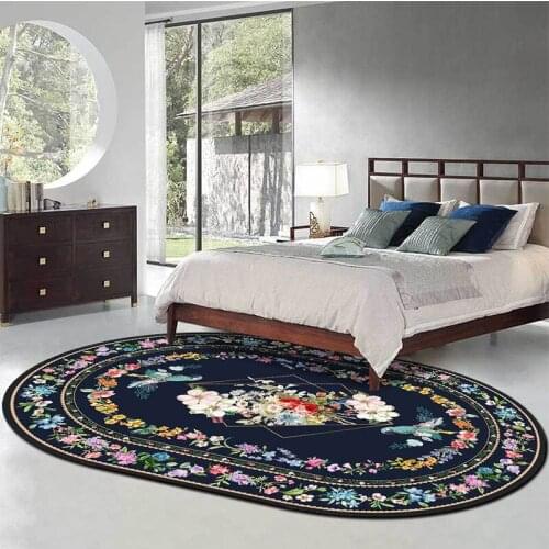 American Countryside Pastoral Style Oval Rug Carpet For Bed Room Royal Blue Long Carpet For Living Room Irregular Shape Rug Mat
