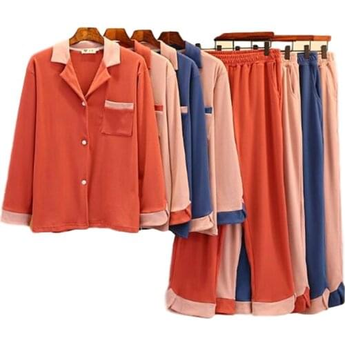 Autumn Winter Thick Warm Pajamas Set New Cotton Long Sleeve Trousers Two Piece Sleepwear Pyjamas Women Sleep Wear Pijama Mujer