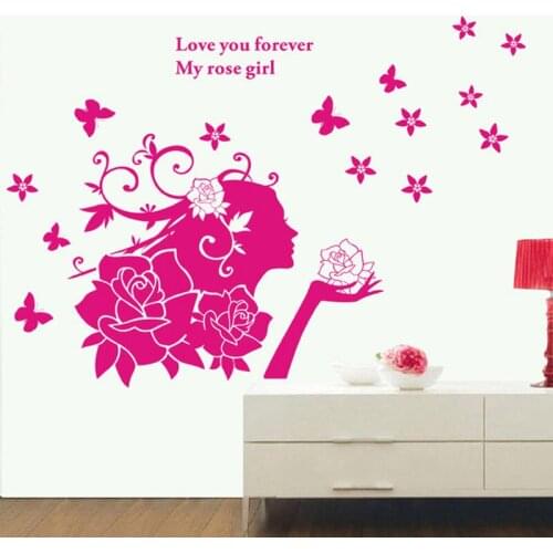 Removable Red Rose Fairy Girl Wall Stickers Living Room TV Sofa Backdrop Home Decor Vinyl Art Mural Decal