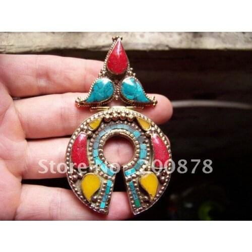 Tibetan JewelryTBP020 Nepal brass big amulet pendant87*50mmsemi-precious stone jewelryTibetan jewelrylow MOQ