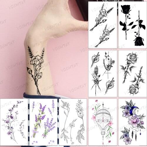 Waterproof Temporary Tattoo Sticker Black Linear Rose Peony Lavender Flower Tattoo Arm Art Tatoo Woman Man Child Flash Tatto