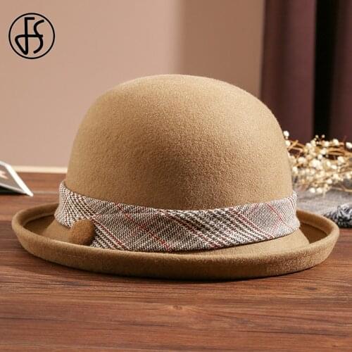 FS 2021 Dome Top Wool Felt Fedora Hats For Women Winter Warm Church Cloche Derby Hat Fedoras Bowler Cap With Plaid Ribbon Button