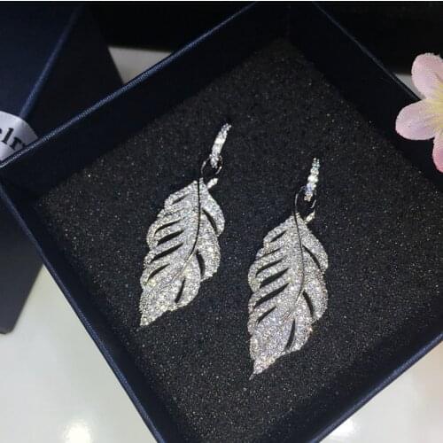 Micro Cubic Zircon Olive Leaves Earring Tassel Feather Dangle Earring Women S925 Ear Pin Feather Cuff Earring Bridal Jewelry