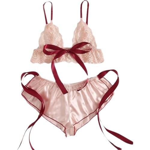 Womens 2 Pieces Lingerie Set, Sexy Sheer Lace Bralette Top and Stain Shorts Set Nightwear