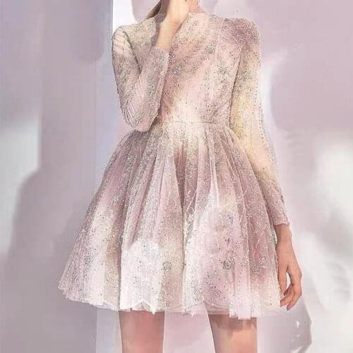 Pink Color Luxury Diamonds Women Ball Gown Dresses Spring Full Sleeves Party Elegant Dress Vestido Clothing Strawberry Dress