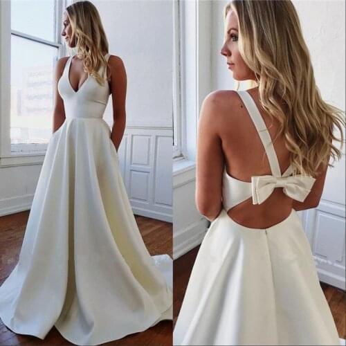 Designer Summer A Line Wedding Dresses 2020 Bow Back Design V Neck Bridal Party Dress Long Chiffon Boho Beach Wedding Gowns