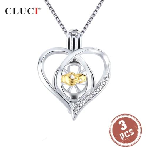 CLUCI 3pcs Silver 925 Pendant Locket for Women Necklace Jewelry 925 Sterling Silver Heart Zircon Pearl Cage Pendant SC362SB