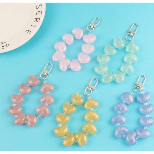 2021 Korean Fashion Glitter Peach Heart Keychain Accessories Kawaii Clear Beads Keyring Couple Girl Friend Gifts Jewelry Charms
