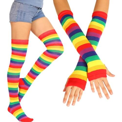 Rainbow Stripe Knee Long Socks Gloves Women Cotton Fashion Colorful High Quality Female Leg Socks Vintage Hiphop Skateboard Sock