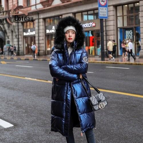 Cotday Cotton Blue Long A-Line Thick Bright Leather Pockets Glossy 2020 New Women Winter Warm Warm Parker Coat