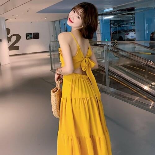 Korean Style Women Summer Ginger Long Dress Elegant Vacation Party Slim Yellow Beach Sundress Female Vintage Runway 2021 Dress