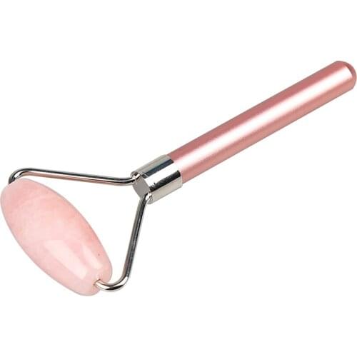 Natural One Head Rose Quartz Jade Roller With Zinc Alloy To Massage Neck, Face, Arm,Leg