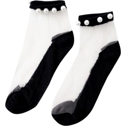 1Pair 22–25cm Pearl Band Low Cut Sock Lace Socks Trend Nylon Glass Silk Woman Comfort High Mesh Fish Net Short Ankle Socks