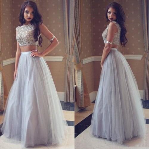 Charming Scoop Neck Prom Gown Two Piece Set Vestido De Festa Beaded Girls Sparkly Wedding Party Dress