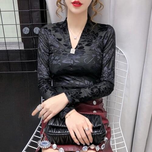 Autumn womens hollow print velvet tops shirt sexy v-neck slim fit long sleeve t shirt women plus size casual flower pullvoers