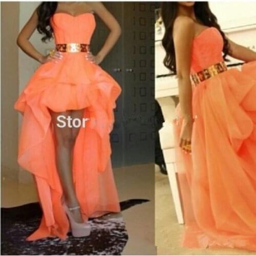 High Low Orange Prom vestidos 15 años Gold belt Detachable Sash Sexy Girls Party Gowns short front long back Quinceanera Dresses