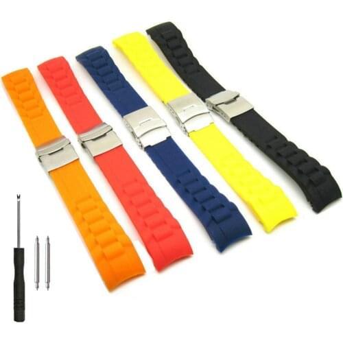 18mm 20mm 22mm 24mm Deployment Clasp Silicone Rubber Watch Band Curved End Soft Strap Black White Red Orange Yellow Blue