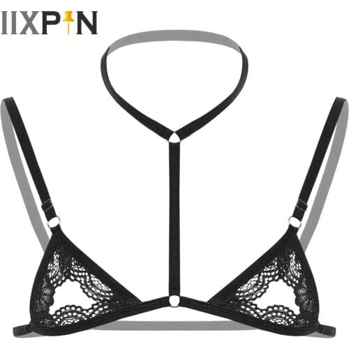 Mens Sissy Lingerie Sexy Men Sheer Lace Exotic Bras Sissy Nightwear Halter Neck Adjustable Straps Wire-free Unlined Mini Bra Top