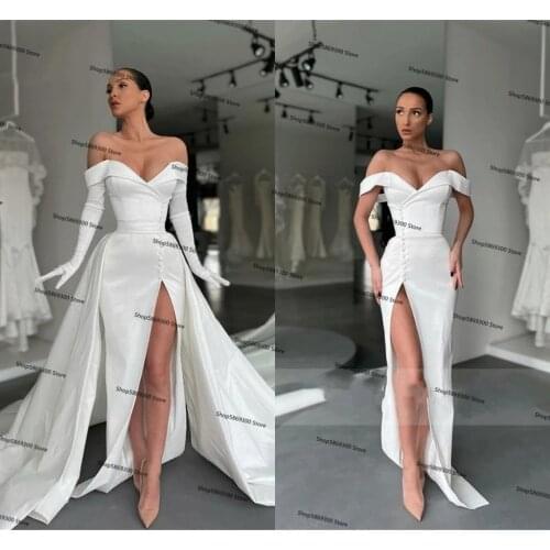 Modest Mermaid Wedding Dresses With Detachable Skirt Off The Shoulder crepe Satin beach Wedding Dress vestido de noiva