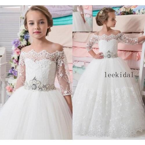 Vintage Lace Flower Girls Dresses For Weddings Jewel Neck Long Sleeves Lace Birthday Dress Children Party Kids Girl Ball Gowns