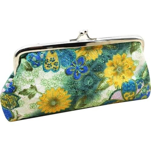 Vintage Women Flower Kiss Lock Long Coin Purse Phones Keys Holder Wallet