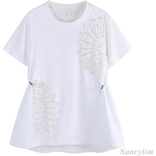 Lace Splicing Beads Drawstring Waist Short Sleeve T-shirt Womens 2021 Summer Loose White Top Fashion Ropa Mujer