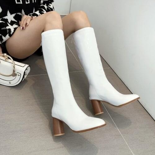 Large Size 34-45 Fashion Autumn Winter Patent Leather Boots Women Square Toe Zip Round High Heels Shoes Knee High Boots Women