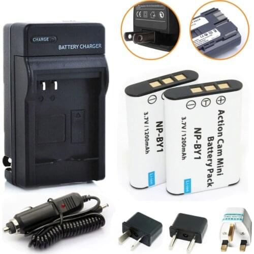 2pcs NP-BY1 NPBY1 BY1 Camera Battery + Car Dc Charger kits For HDR-AZ1VR AZ1 AZ1V AZ1VR Sport Action Cam Mini Camcorder