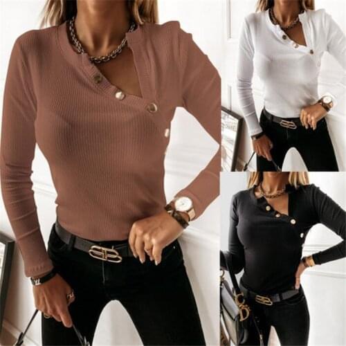 2021 Woman Autumn Fashion Long Sleeve T Shirt Womens T-shirt Loose Korean Style Plus Size Women T-Shirts V Neck Ribbed T Shirt