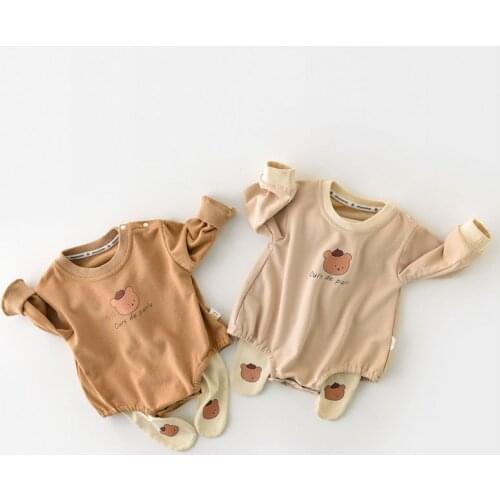 Autumn 2021 New Born Baby Onesie Clothing Infant Girs Clothes Cartoon Bear Printed Bodysuits Boys Long Sleeved Jumpsuit Outfits