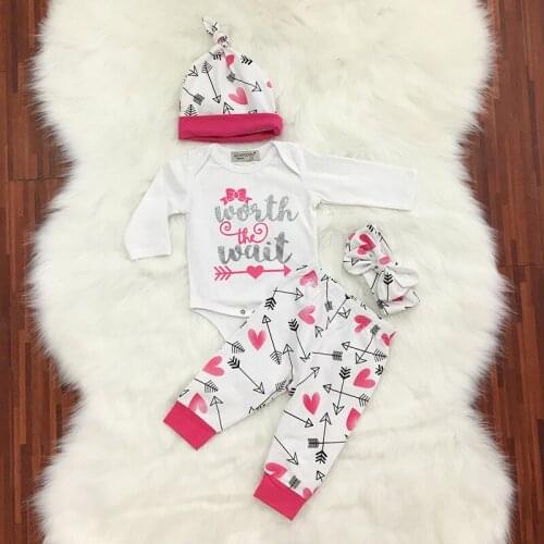 Hot PInk Newborn Baby Girl Fashion Clothes Romper Long Pants And Hat Headband Outfits 4Pcs Bebe Girls Clothing Wholesale Suits